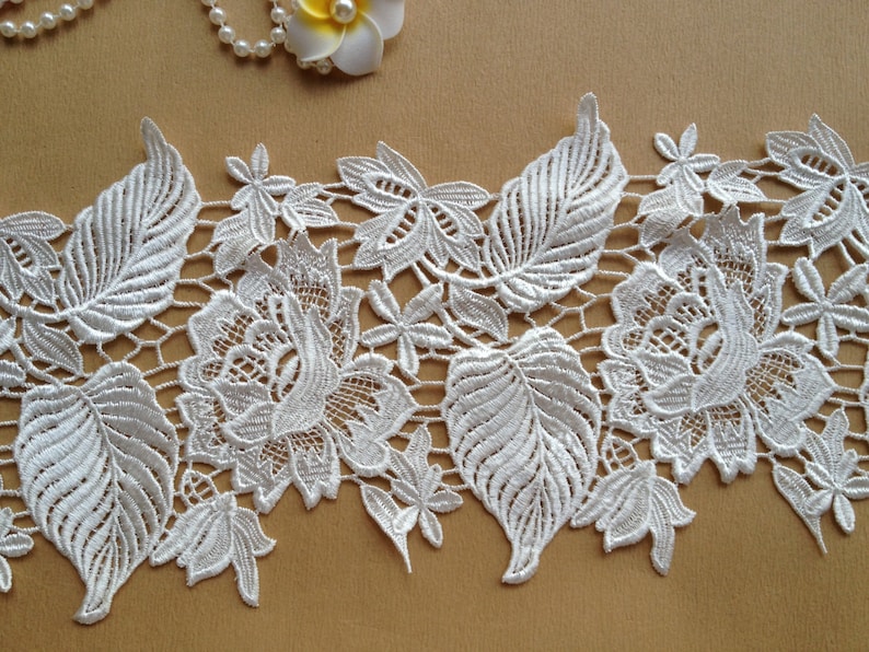 Exquisite White Lace Rose Embroidered Lace Trim Wedding Fabric 6.69 Inches Wide image 1