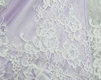 Alencon Off White Chantilly Lace fabric, Corded French Eyelash Lace Fabric, Wedding Gown Bridal Veils Fabric Supply