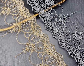 Gold / Silver Thread Embroidery Mesh Lace Trimming for Doll Skirt, Cuffs, Dresses, Home Sewing