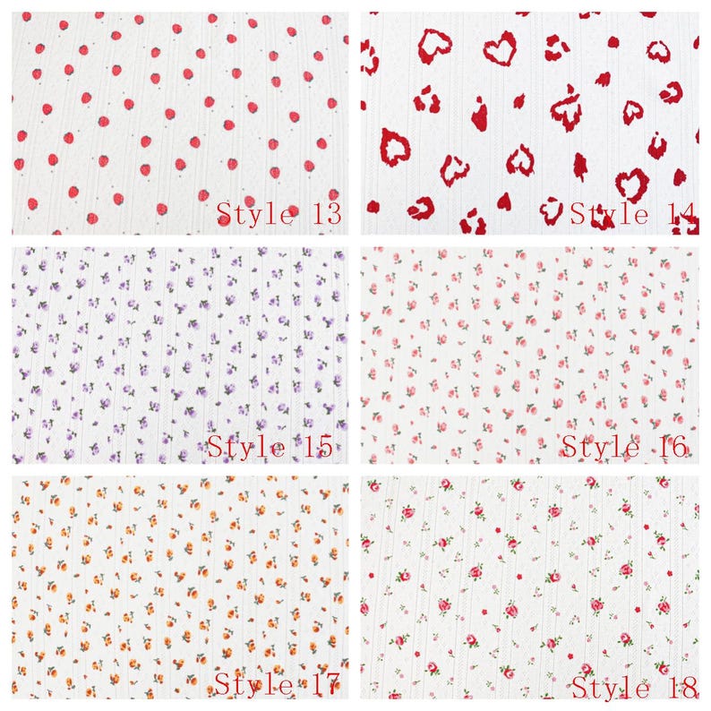 May include: A collection of six white fabric swatches with ribbed textures, each featuring distinct patterns: red dots, red heart-shaped leopard spots, purple floral sprigs, pink floral buds, orange floral clusters, and red rosebuds, labeled Style 13 to 18.