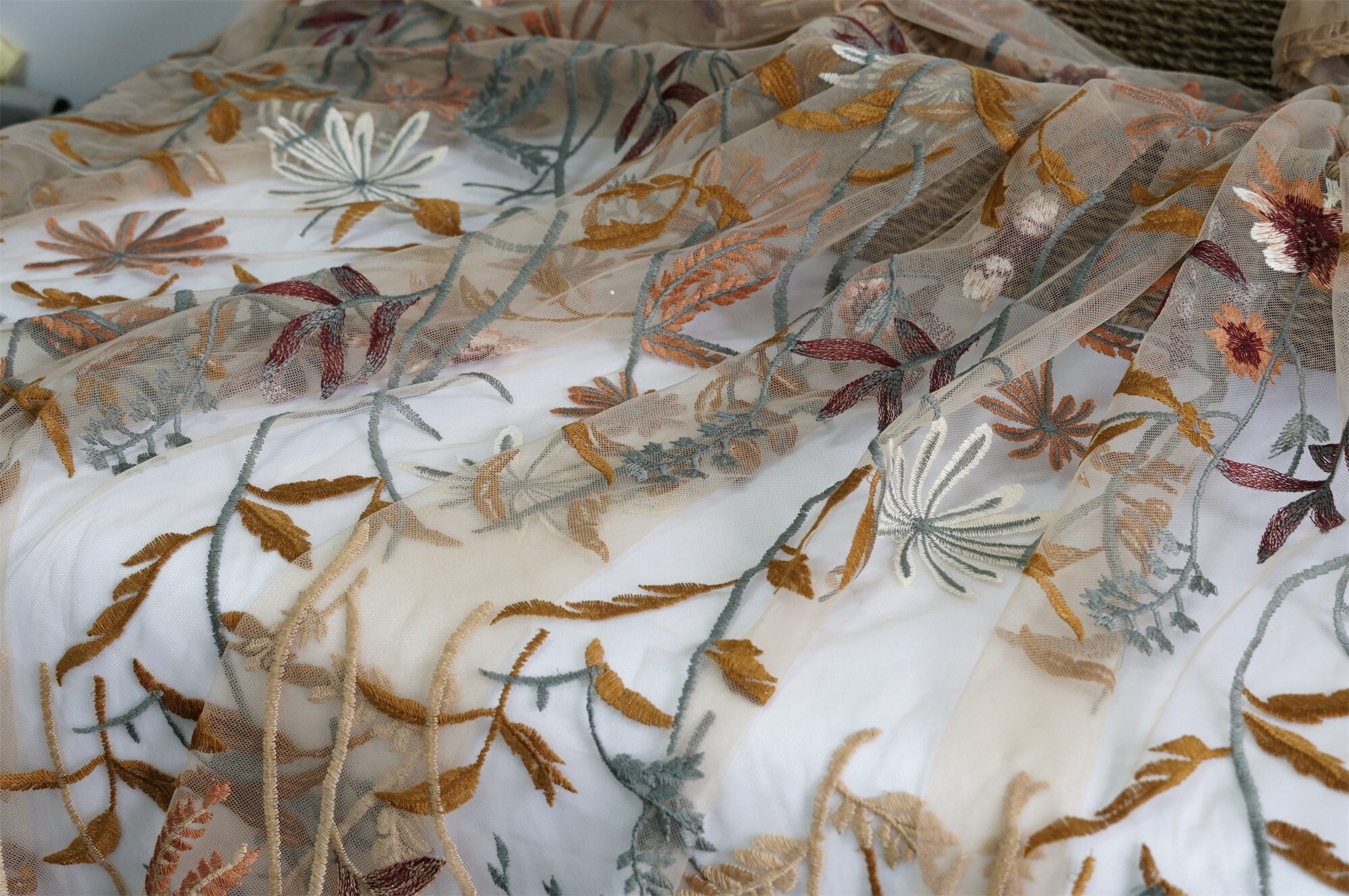 Soft Light Brown Tulle Leaf Floral Embroidered Lace Fabric for Boho Wedding Dress, Prom Gown, Bridal Veil