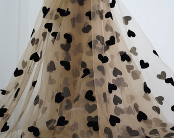 Light Brown Tulle Fabric with Black Hearts Pattern for Midi Dress, Party Dress, Girl Dress