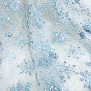 Light Blue Snowflake Fabric Colorful Sequins Embroidery Mesh Fabric for Wedding Dress, Prom Dresses, Princess Dress