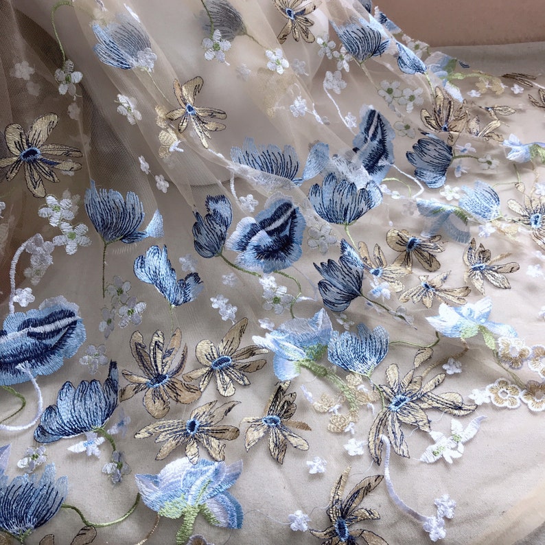 Blue and Gold Embroidered Flower Fabric Dark Nude Tulle Etsy