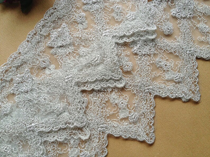 Silver Lace Trim, Tulle Lace, Bridal Trim Lace, Embroidered Lace Fabric image 4