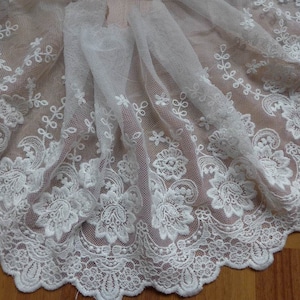 Beautiful White Embroidered Mesh Lace Fabric Trim 7.48&quot; wide Wedding Dress Bridal Gown Supplies One Yard