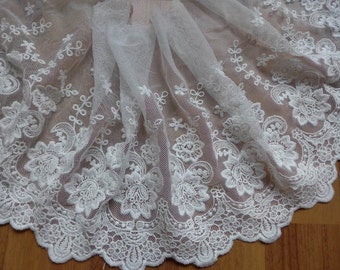 Beautiful White Embroidered Mesh Lace Fabric Trim 7.48" wide Wedding Dress Bridal Gown Supplies One Yard
