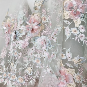 Pastel Pink Lace, 3d Flower Embroidered Fabric, Beaded Applique Lace Fabric for Lyrical Dance, Ballet, Couture Gowns