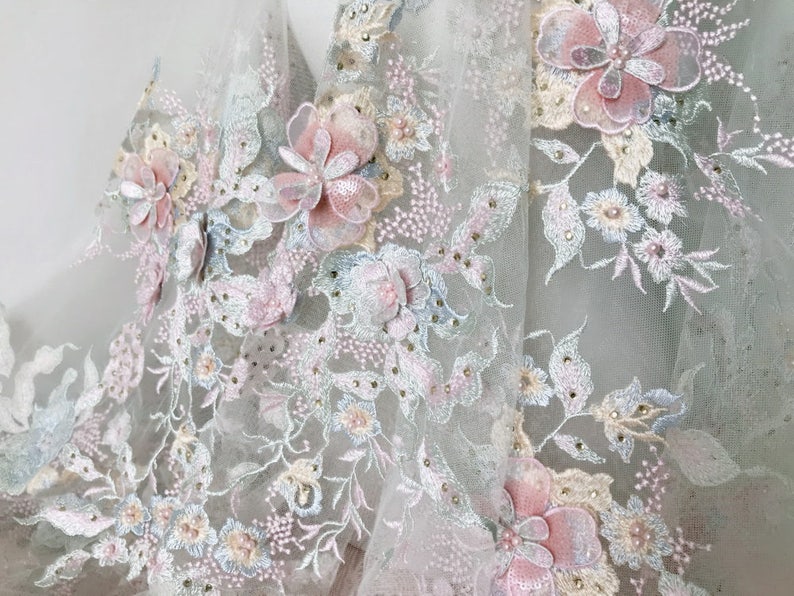 Pastel Pink Lace, 3d Flower Embroidered Fabric, Beaded Applique Pastel Pink Lace, 3d Flower Embroidered Fabric, Beaded Applique