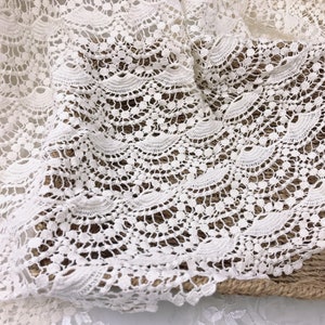 Retro Crochet Hollowed Cotton Fabric, Beige Cotton Guipure Scalloped Pattern Wedding Gown Fabric