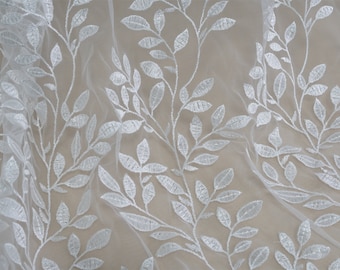Beautiful Delicate Leaves Embroidered Tulle Fabric in Off white for Bride Leaf Dress, Communion gowns, Boho Wedding Gown