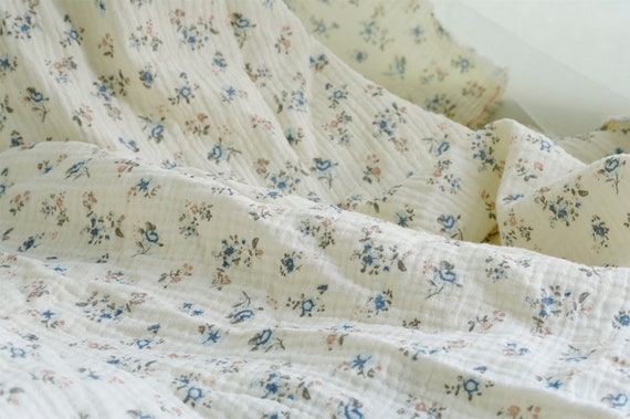 Beige Cotton Fabric Double Layer Crepe Floral Cotton Printed Fabric for Kids Clothing, Girl Dress, Summer Dress