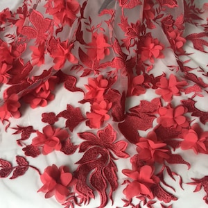 Red embroidery lace fabric with chiffon 3d flower on soft tulle fabric for flower girl dress, prom dress, weddinb gown