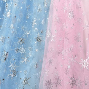 Hellblau / Rosa Bedruckter Stoff Silber Schneeflocke Muster Mesh-Gewebe für Tutu Blumenmädchen Kleid, Prinzessin Kleid, Hochzeitsdekoration