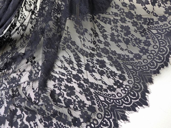 Black Chantilly Lace Fabric, Romantic Floral Scalloped Fabric, Elegant Wedding Gown Lace Fabric, Black Lace Dress Fabric by the yard