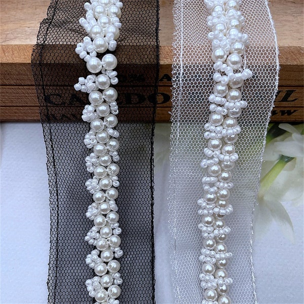 0.5" Wide Ivory Pearls Beaded Trim for Bridal Sash, Headbands, Beaded Straps, Wedding Accessories