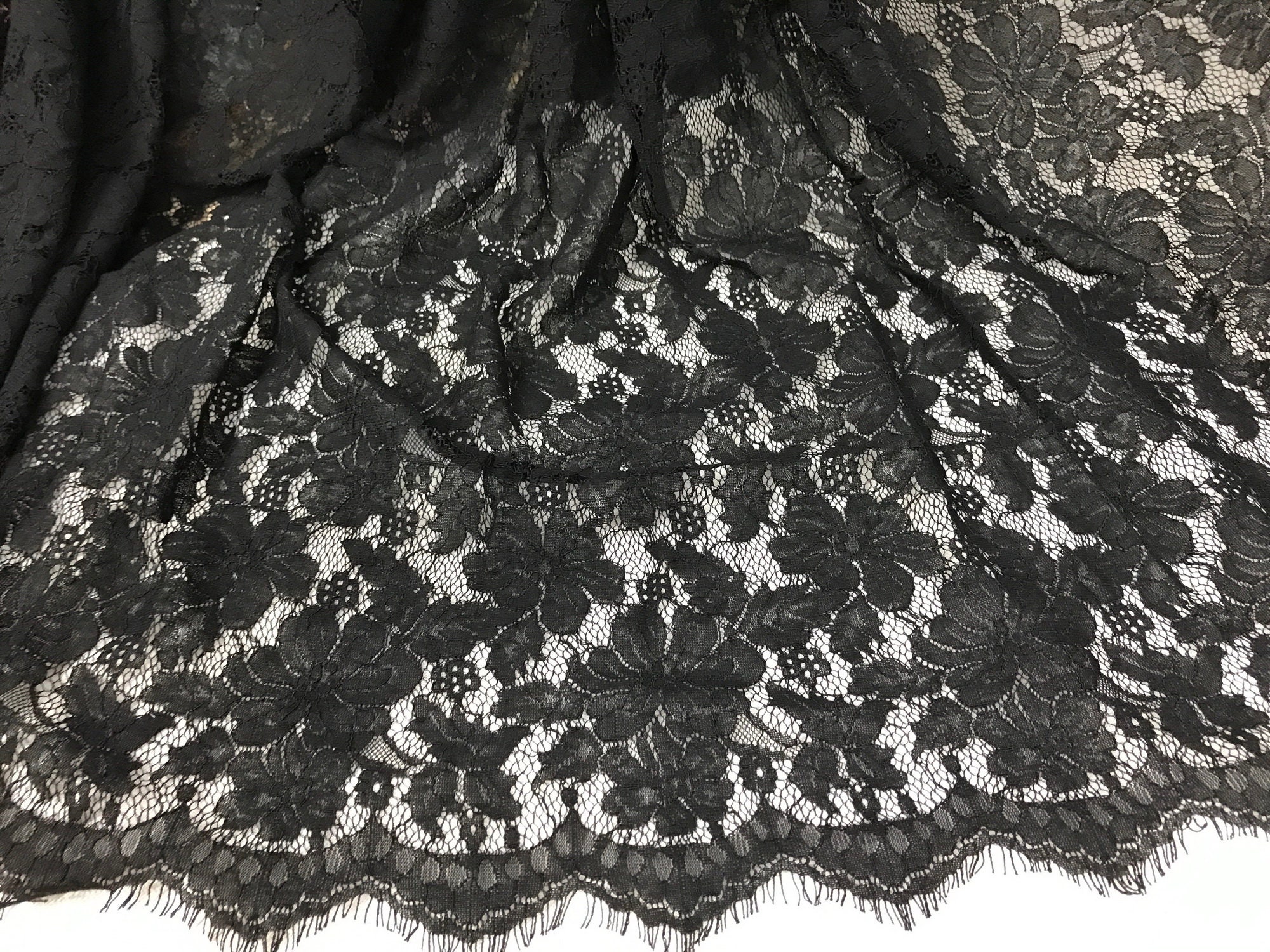 Black Scalloped Fabric Corded Eyelash Lace Fabric Black | Etsy