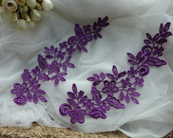 Purple Bridal Floral Applique, Venice Lace Applique, Purple Appliques One Pair