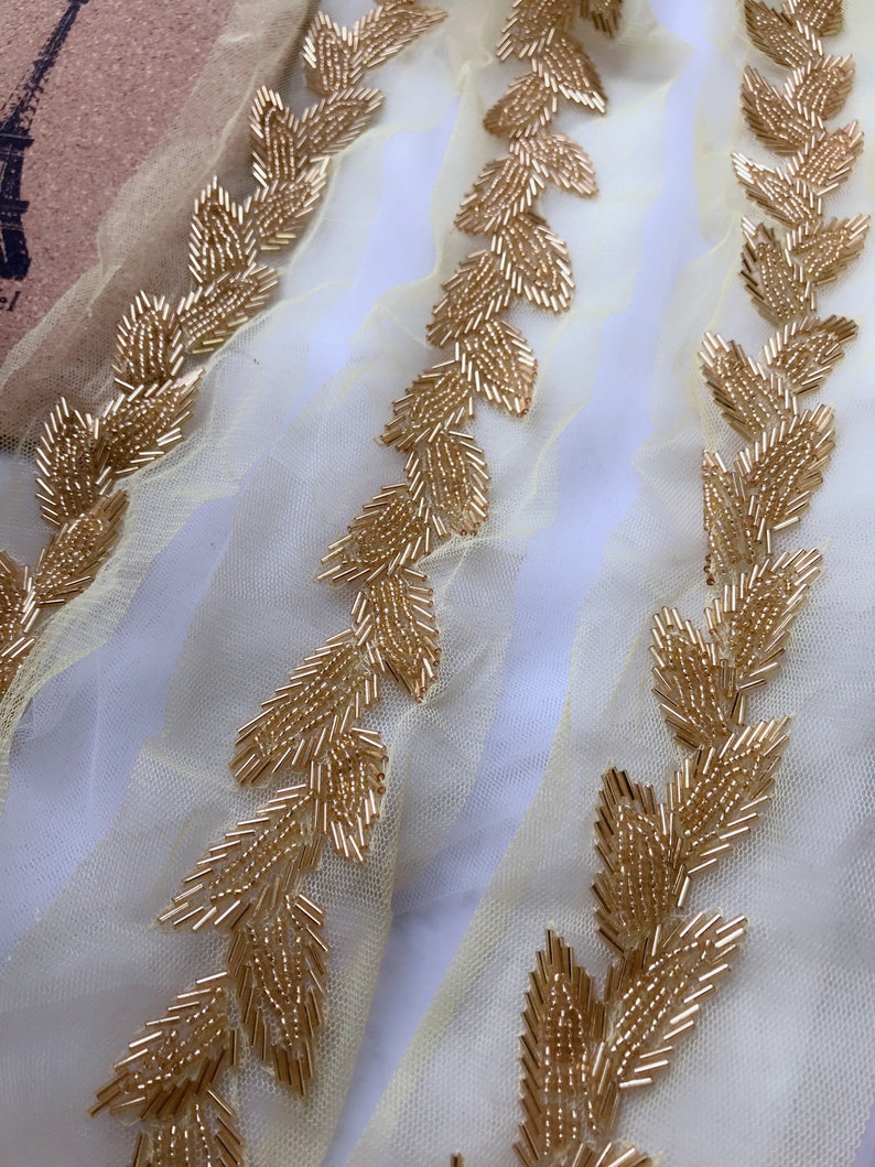 Beaded Trim Gold Beaded Leaf Applique Wedding Sash Trim for Etsy Canada