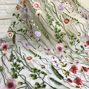 Tissu floral coloré de feuille de broderie tissu blanc cassé de dentelle de tulle pour la robe de campagne, robe de fille d'été, rideaux de fenêtre