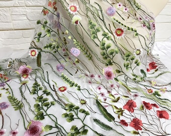 Colorful Embroidery Leaf Floral Fabric Off White Tulle Lace Fabric for Country Dress, Girl Dress Summer, Window Curtains