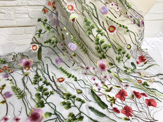 Colorful Embroidery Leaf Floral Fabric off White Tulle Lace Fabric