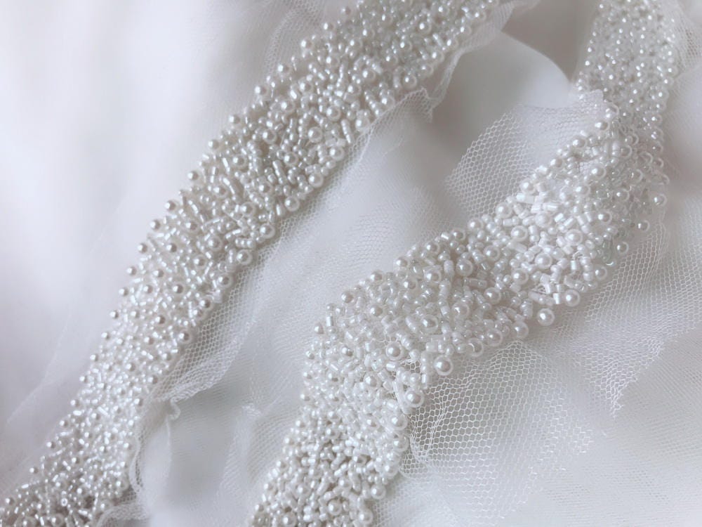 Wide Beaded Trim Ivory Wedding Sash Trim for Bridesmaid Sash