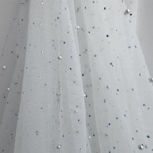 Stretch Tüll mit Strass Perle Perlen Spitzenstoff Schüttgut, sehr weicher Tüll Stoff für Abschlussball, Braut, Kinder, Schleier, Kleinkind-Kleider