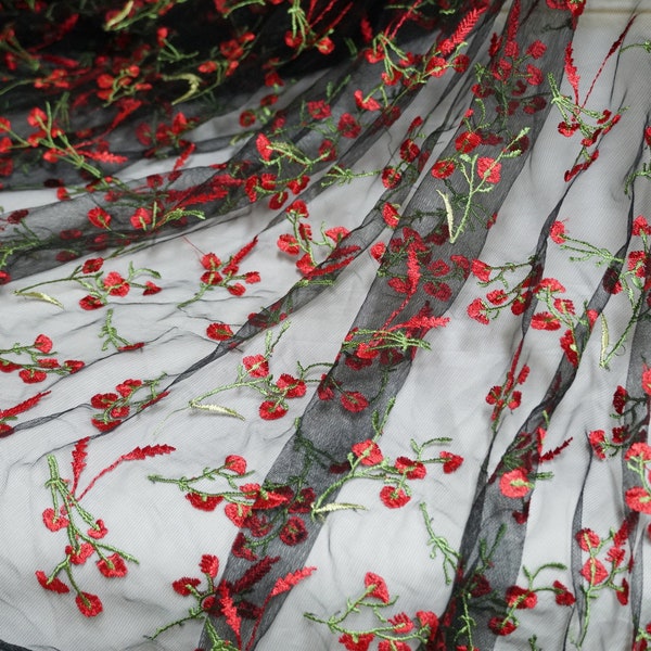 Red Green Wheat Branch Floral Embroidered Lace Fabric, Black Mesh Fabric, Curtains or Costume design
