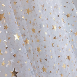 Off white Mesh Gold Stars Fabric for Weddings, Flower Girl Dress, Photography or Party Decor