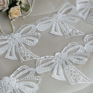 White Bowknot Appliques Lace Beaded Bow Sewing Patch Trim for Lyrical Dance, Costumes, Garments, Crafts
