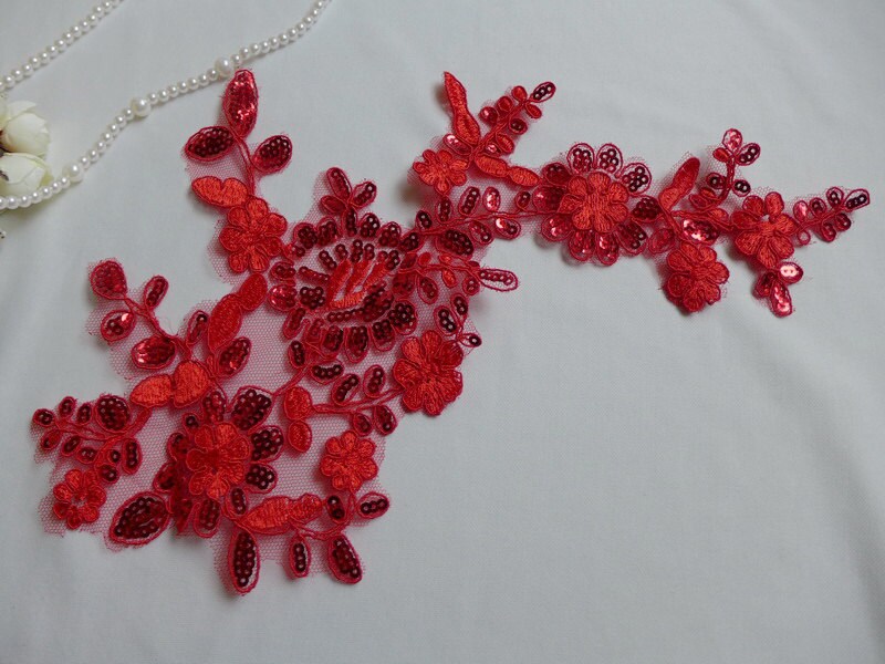 Red Lace Applique, Sequins Beaded Applique, Bridal Lace Applique Wedding Accessories