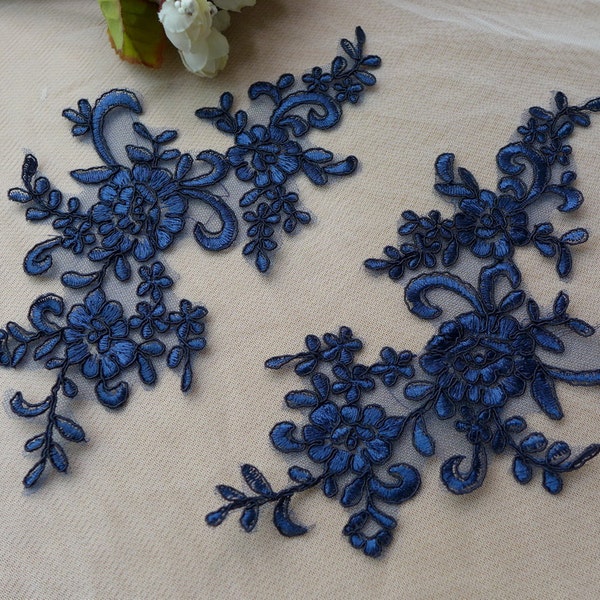 Navy Blue Floral Lace Applique Mirror Pair for Sweaters, Bridal, Ballroom Dance, Costumes