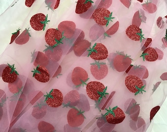 HET - Glitterjordgubbar Broderad Tyllspetstyg för Bröllop, Blomsterflickaklänning, Födelsedagsklänning, Balklänning