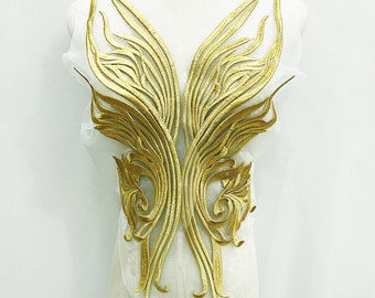 Gold Thread Embroidery Mesh Applique Pair for Bridal Dress, Lyrical Dance, Cosplay or Costumes