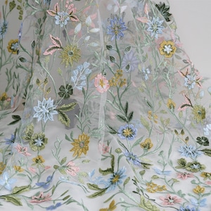 Colorful Garden Flower Fabric, Soft Tulle Fabric, Embroidered Floral Lace Fabric for Boho Chic Wedding Dress, Fairy Girl Dress, 4 Colors