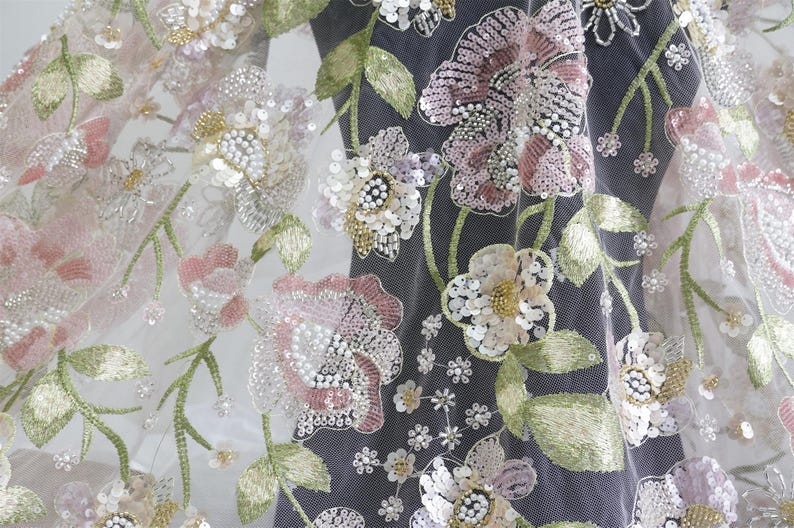 Flerfärgade pärlbroderade blommor med gröna bladtyg för miniklänning, balklänning, pärlbroderad brudklänning, formell klänning bild 7