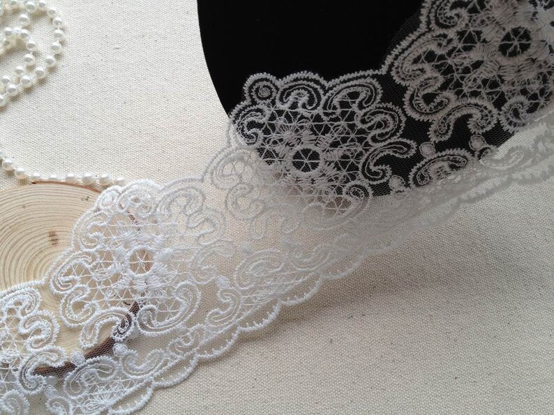 Off White Scalloped Embroidery Lace Trim Bridal Wedding Lace Craft Supplies 1 Yard image 5