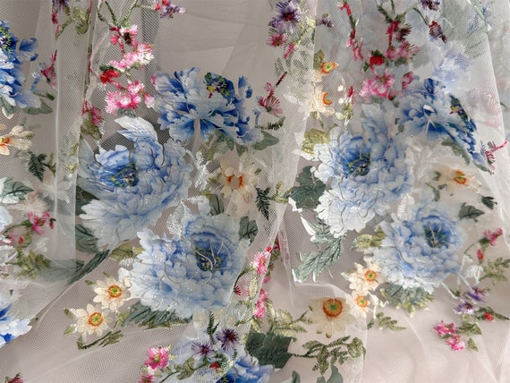 ブルー 3D 牡丹花生地、マルチカラー花葉刺繍レース生地、オフホワイト