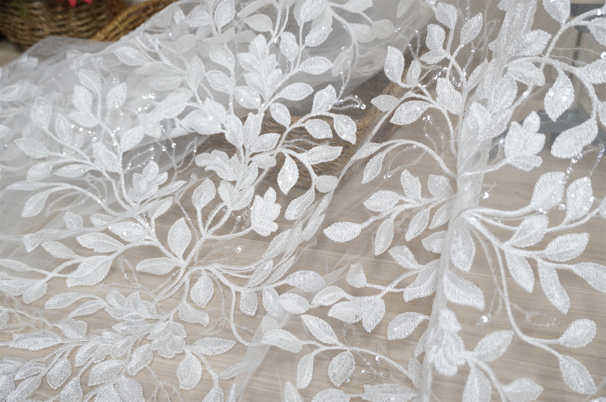 Delicate Off-white Leaf Pattern Lace Fabric by the Yard - OneYard