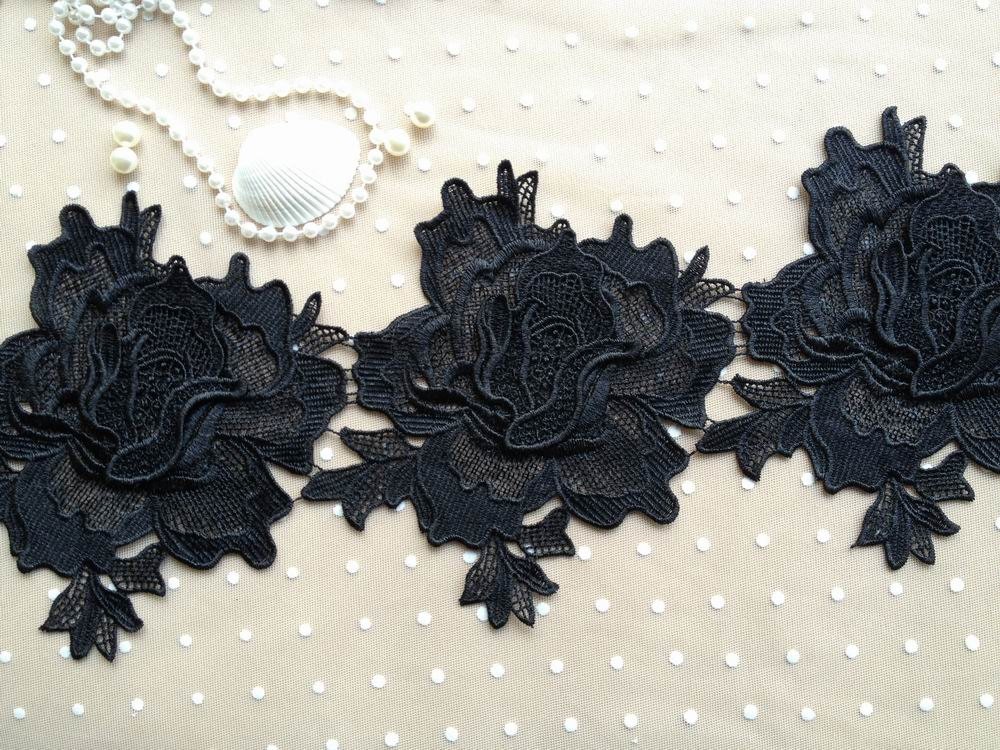 Black Lace Trim, Vintage Black Embroidery Lace Fabric Trim
