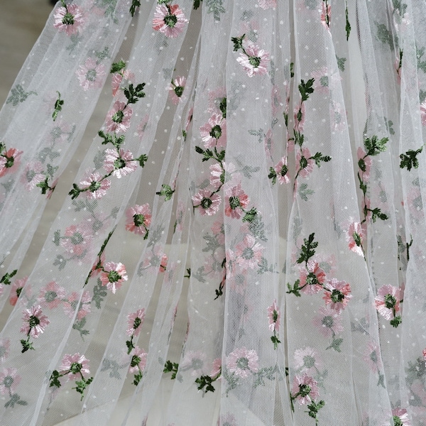 Pink Green Floral Lace Fabric, Off white Mesh Fabric for Flower Girl Dress, Floral Formal Dress, Summer Dress