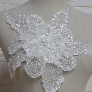 Exquisite Beaded Large Flower Applique in Off white Wedding Gown, Prom Dress, Dance Costume