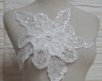 Exquisite Beaded Large Flower Applique in Off white Wedding Gown, Prom Dress, Dance Costume