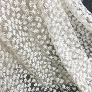 Daisy Flowers Cotton Embroidered Fabric, Beige / Off white Floral Lace Fabric, Sewing Wedding Garment Fabric