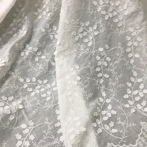 Off white Cotton Fabric - 3D Leaves Embroidered Cotton Lace Fabric - Sewing Fabrics, Quilting, Costume Design
