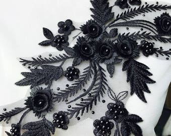 Appliques de dentelle perlée chaude en noir pour coiffe de mariée, robe de mariée, écharpes, création de bijoux