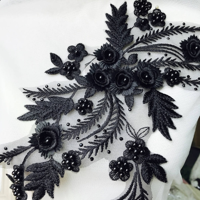Wedding Dress HOT Pearl Beaded Lace Applique in BLACK for Bridal Headpiece Jewelry Design Sashes