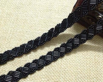 1 Yard Wedding Gown Beaded Trim in Black for Bridal, Headbands, Jewelry, Costumes, Crafts
