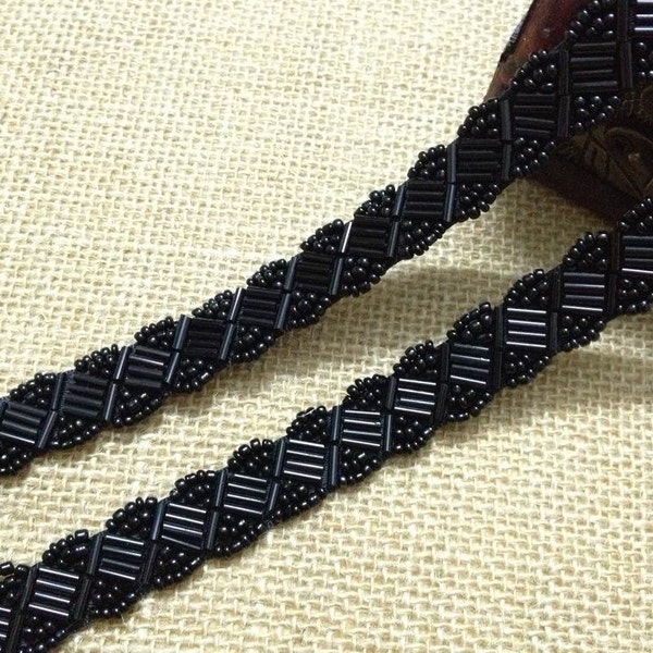 1 Yard Wedding Gown Beaded Trim in Black for Bridal, Headbands, Jewelry, Costumes, Crafts